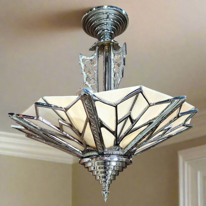 17 Inch Classic Art Deco Close Ceiling Light with Pink Champagne Glass (Polished Chrome Finish) COPPER MOUNTAIN HARDWARE