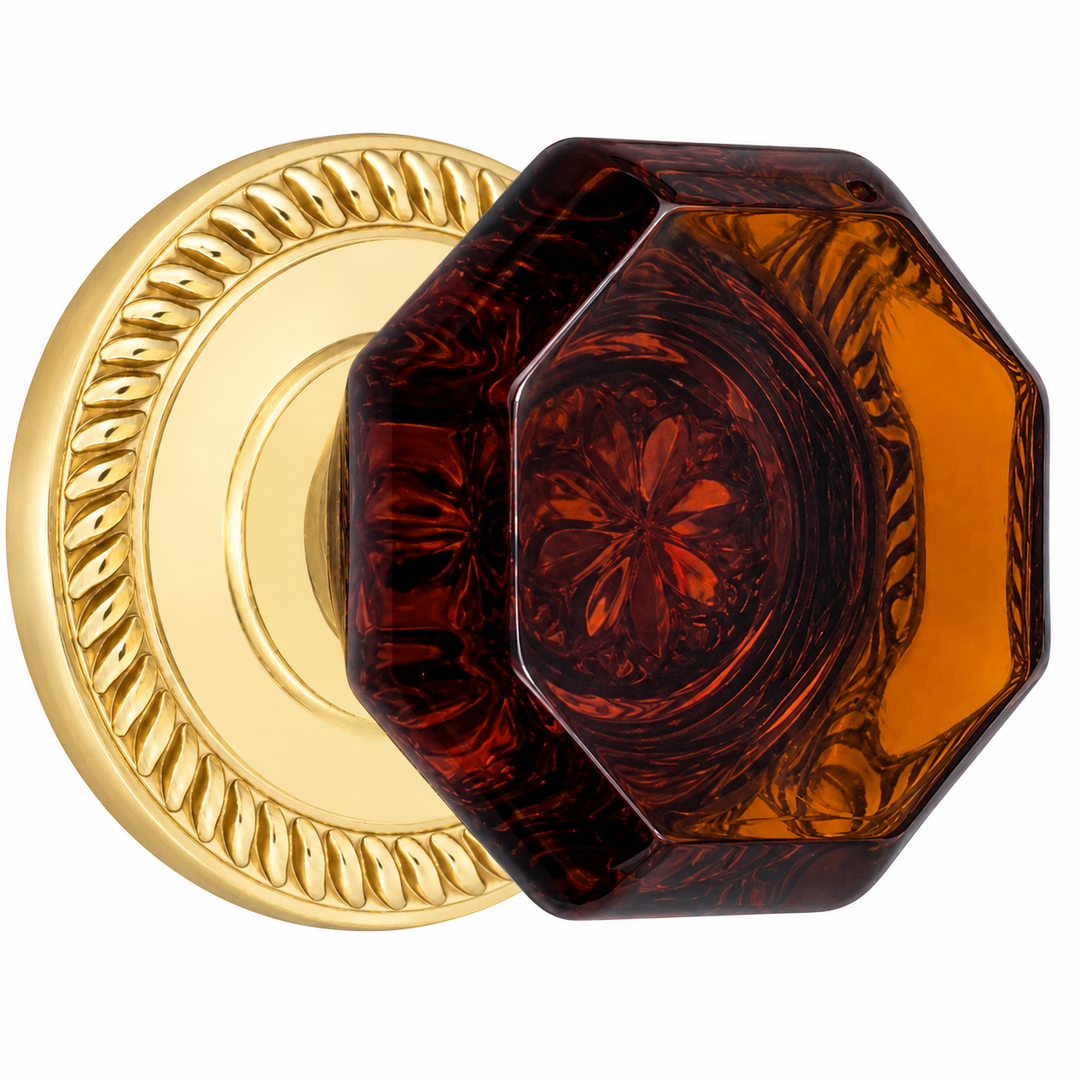 Georgian Roped Rosettes with Octagon Amber Glass Door Knobs (Several Finishes Available)