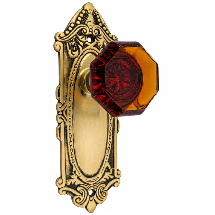 Ornate Victorian Long Backplate Door Set with Octagon Amber Glass Door Knobs (Several Finishes Available)