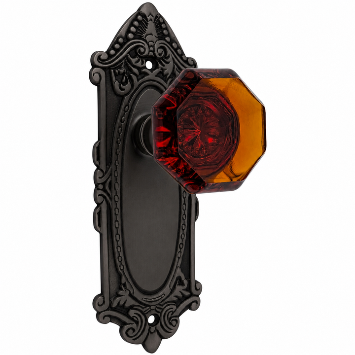 Ornate Victorian Long Backplate Door Set with Octagon Amber Glass Door Knobs (Several Finishes Available)