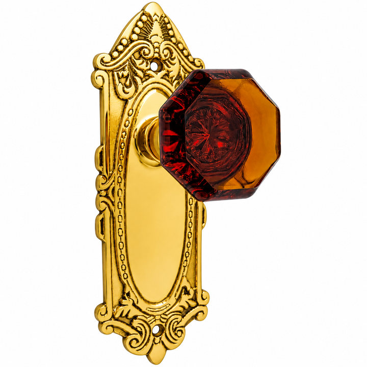 Ornate Victorian Long Backplate Door Set with Octagon Amber Glass Door Knobs (Several Finishes Available)
