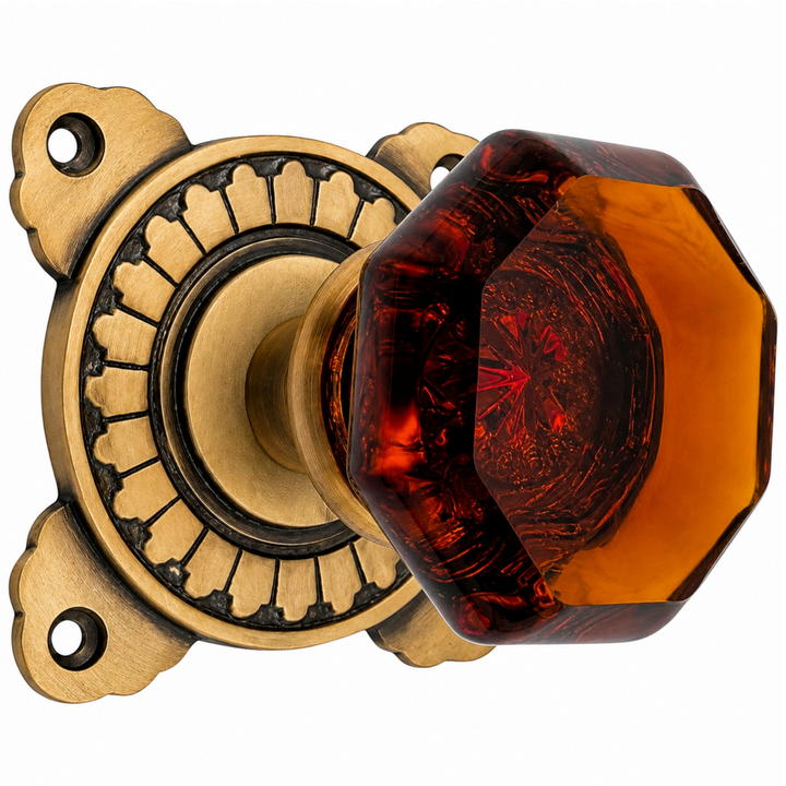 Art Deco Door Set with Octagon Amber Glass Door Knobs (Several Finishes Available)