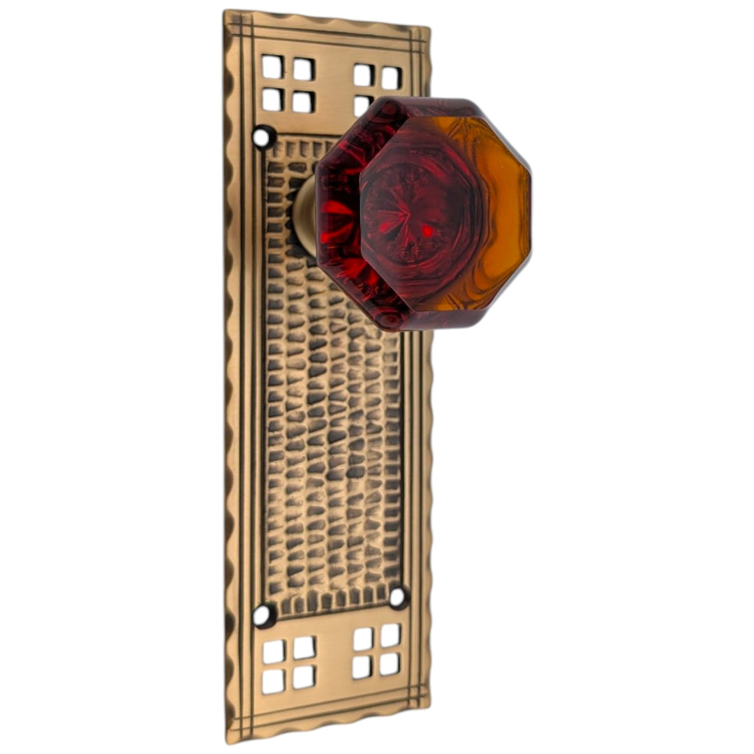 Arts & Crafts Backplate Door Set with Octagon Amber Glass Door Knobs (Black Bronze)