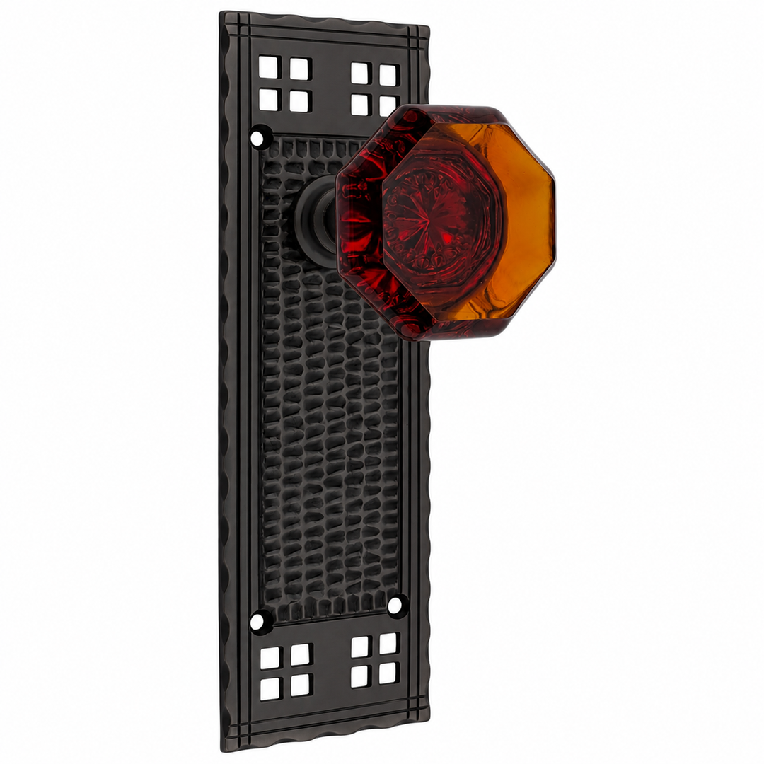Arts & Crafts Backplate Door Set with Octagon Amber Glass Door Knobs (Black Bronze)