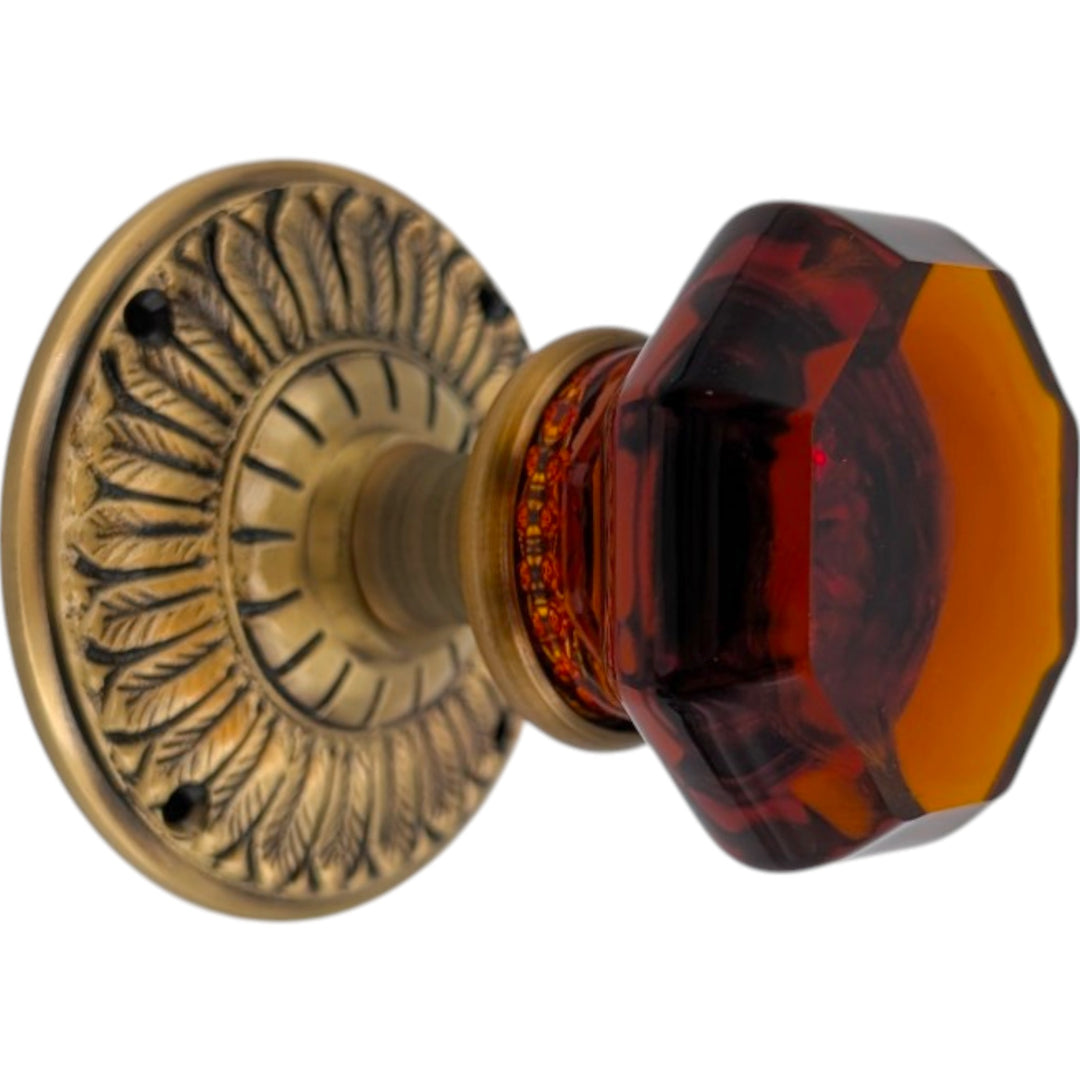 Feather Rosette Door Set with Amber Octagon Glass Door Knobs (Several Finishes Available)