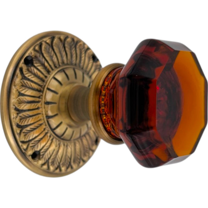 Feather Rosette Door Set with Amber Octagon Glass Door Knobs (Several Finishes Available)