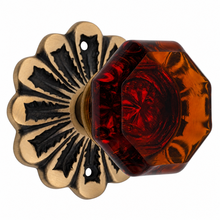 Maltesia Flower Rosette Door Set with Octagon Amber Glass Door Knobs (Several Finishes Available)