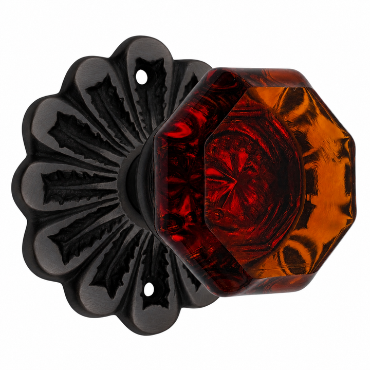 Maltesia Flower Rosette Door Set with Octagon Amber Glass Door Knobs (Several Finishes Available)