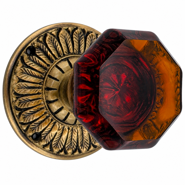 Feather Rosette Door Set with Amber Octagon Glass Door Knobs (Several Finishes Available)