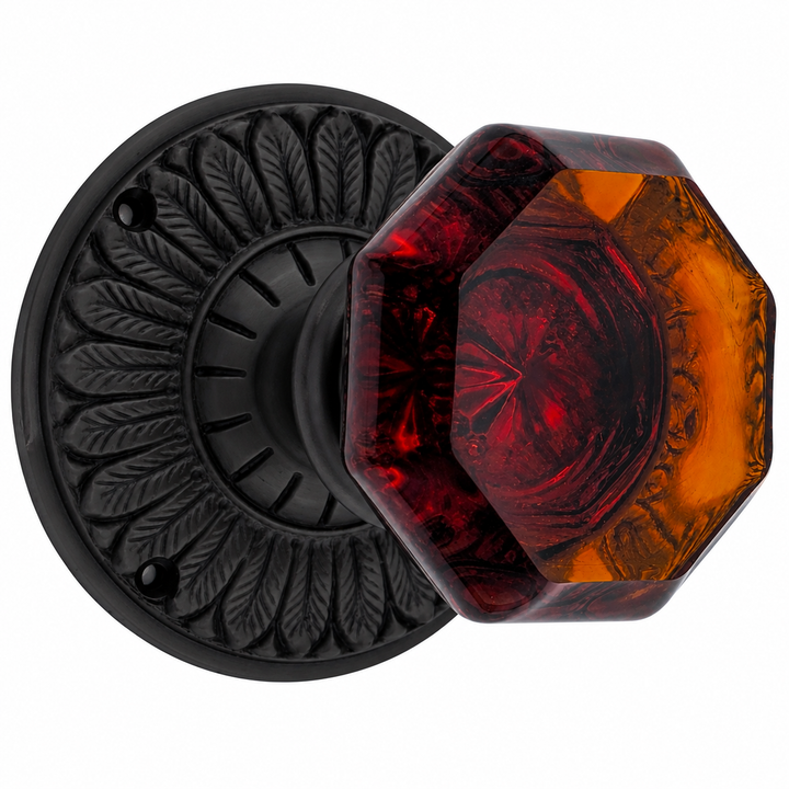 Feather Rosette Door Set with Amber Octagon Glass Door Knobs (Several Finishes Available)