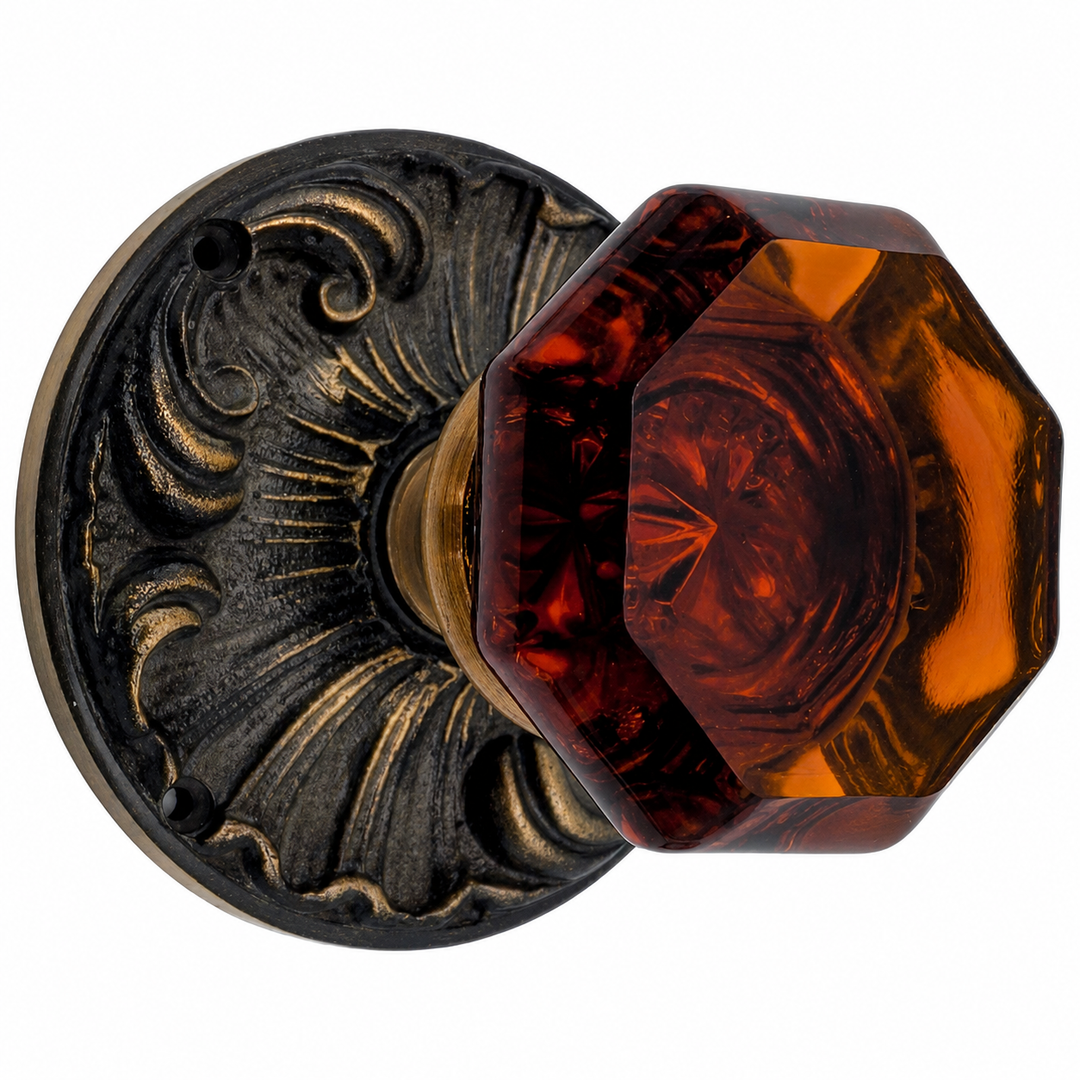 Romanesque Rosette Door Set with Octagon Amber Glass Door Knobs (Several Finishes Available)