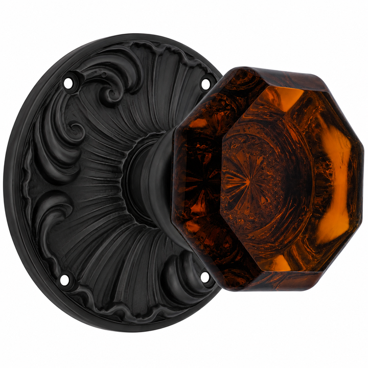 Romanesque Rosette Door Set with Octagon Amber Glass Door Knobs (Several Finishes Available)