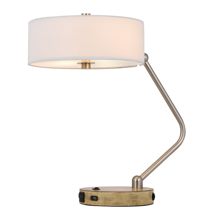 60W X 2 MARCOS METAL DESK LAMP WITH DRUM FABRIC SHADE AND 1 USB AND 1 TYPE C USB CHARGING PORT WITH RUBBER WOOD BASE Cal Lighting