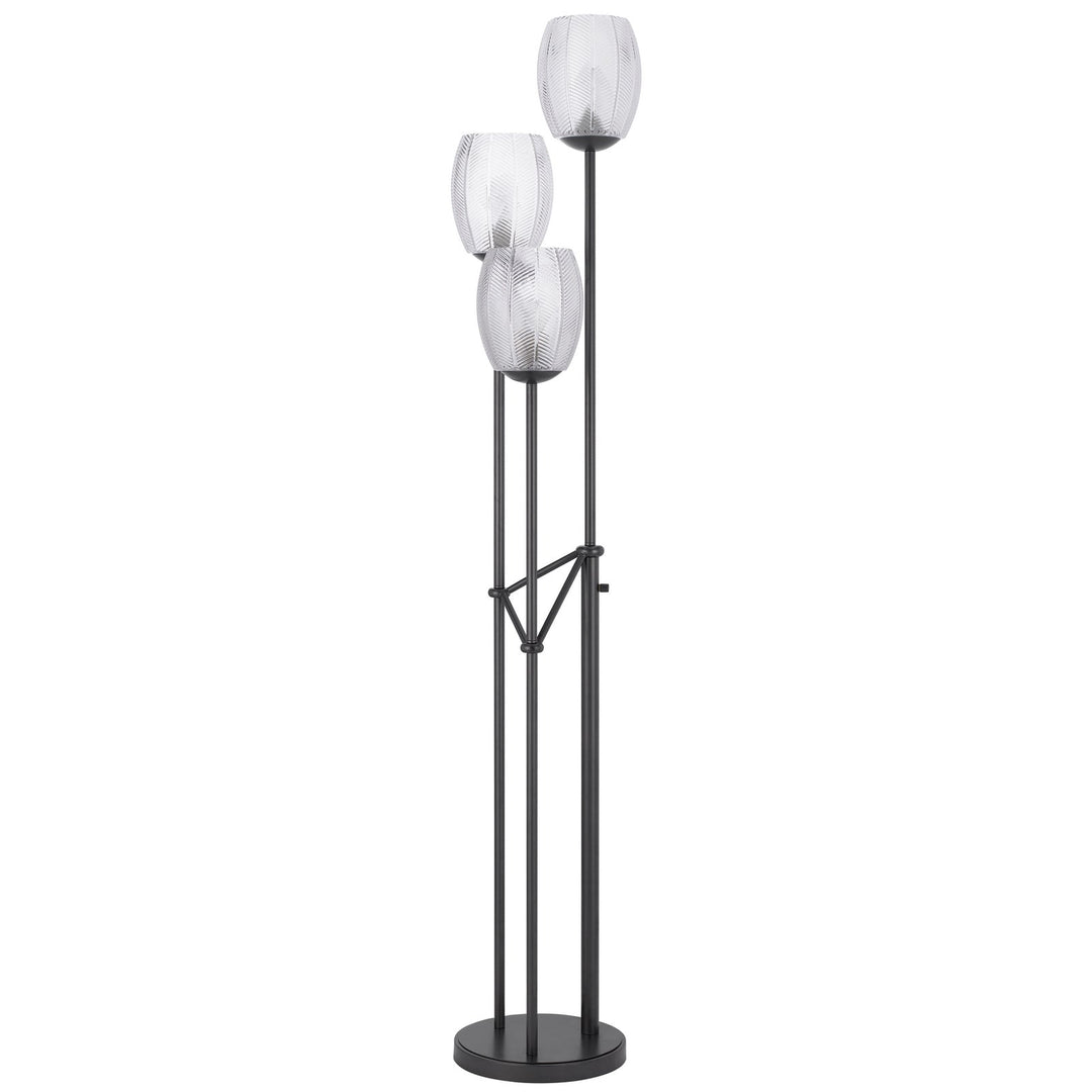 60W X 3 OCONTO METAL FLOOR LAMP WITH PATTERNED GLASS SHADES. Cal Lighting