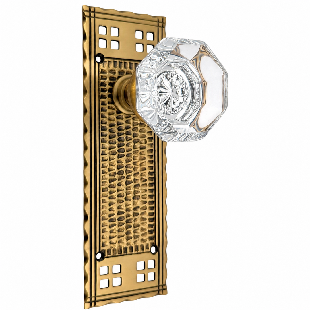 Arts & Crafts Backplate Door Set with Octagon Crystal Door Knobs (Several Finishes Available)