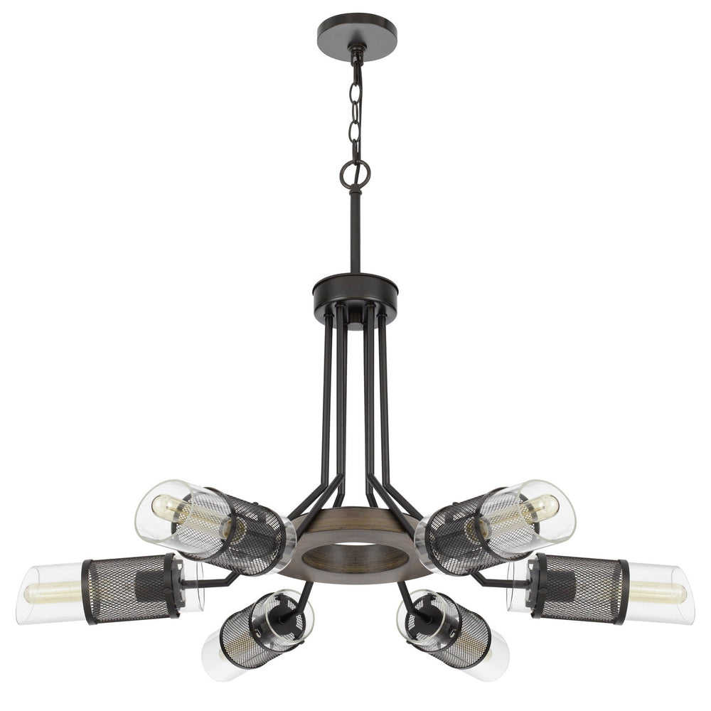 60W X 6 SAVONA PINE WOOD/METAL CHANDELIER WITH DOUBLE LAYER GLASS/METAL MESH SHADE. (EDISON BULBS NOT INCLUDED) Cal Lighting
