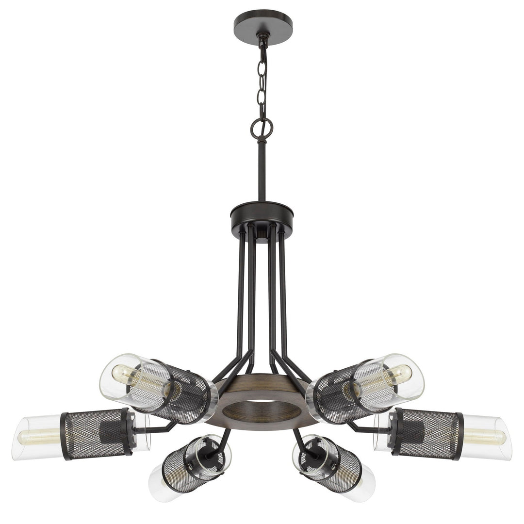 60W X 6 SAVONA PINE WOOD/METAL CHANDELIER WITH DOUBLE LAYER GLASS/METAL MESH SHADE. (EDISON BULBS NOT INCLUDED) Cal Lighting