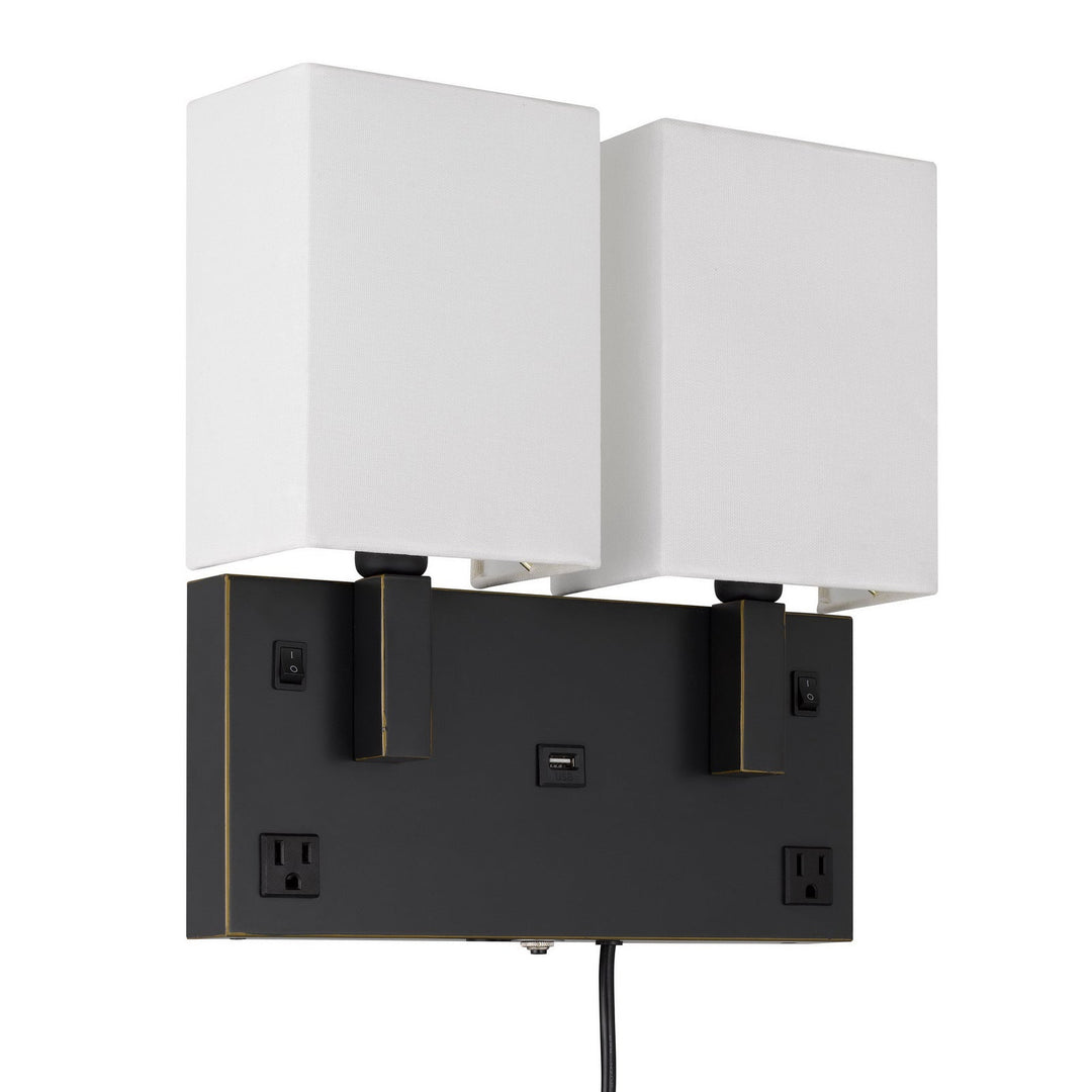 40W X 2 OBERLIN WALL LAMP WITH 2 POWER OUTLETS AND 1 USB CHARGING PORT Cal Lighting