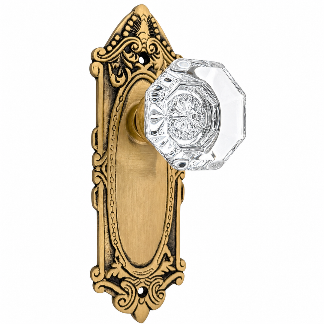 Ornate Victorian Long Backplate Door Set with Crystal Octagon Door Knobs (Several Finishes Available)
