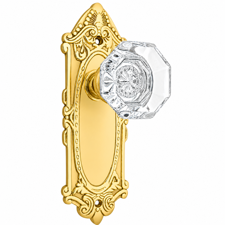 Ornate Victorian Long Backplate Door Set with Crystal Octagon Door Knobs (Several Finishes Available)