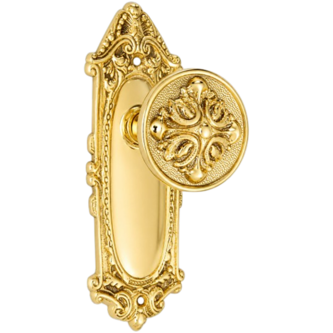 Ornate Victorian Long Backplate Door Set with Romanesque Door Knobs (Several Finishes Available)