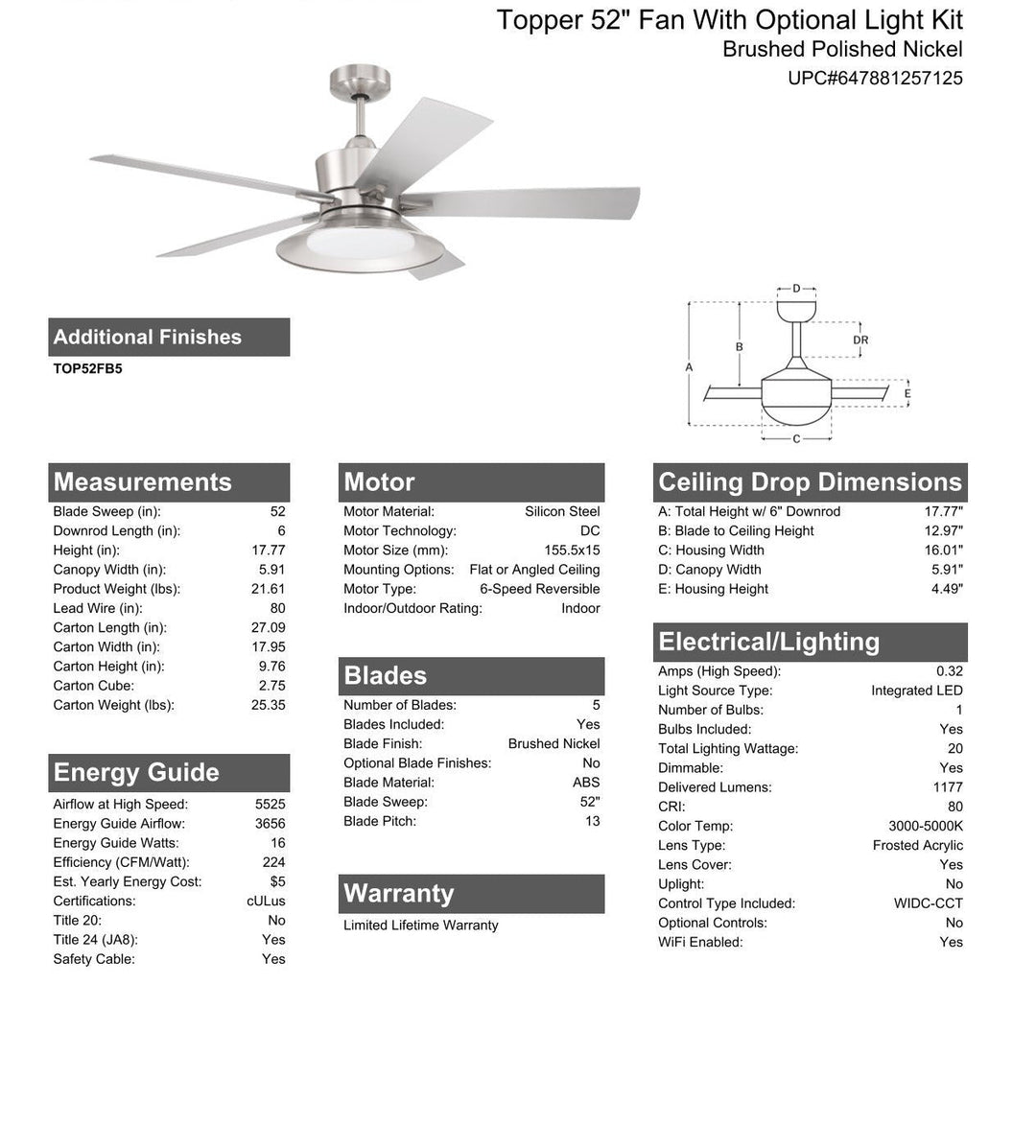 ##Antique Hardware## 52" Topper in Brushed Polished Nickel w/ Brushed Nickel Blades