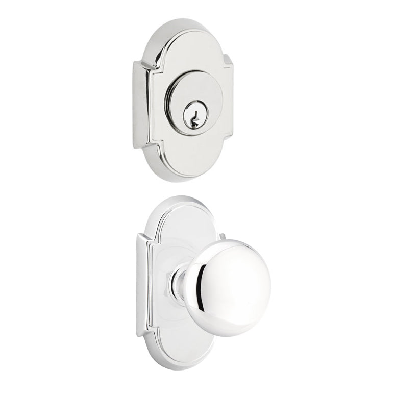 Arched Back Plate Entryway Set with Round Brass Knob (Several Finishes Available) EMTEK